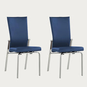 Two Molly blue chairs with metal frames on a white background