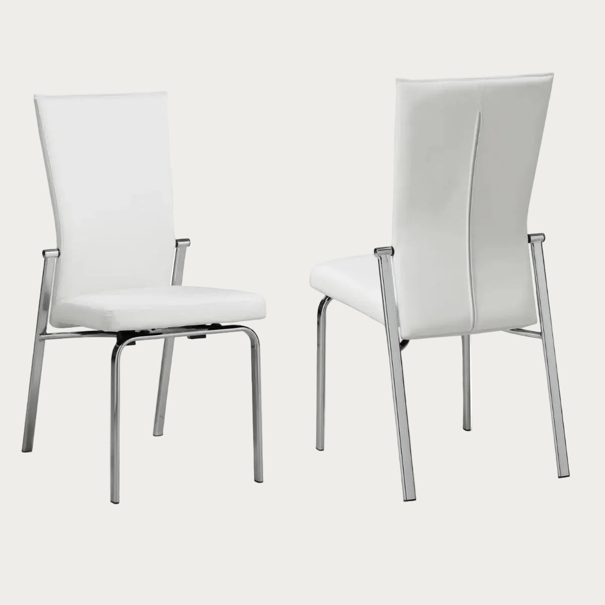 Two Molly white side chairs with metal frames on a white background