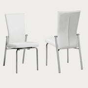 Two Molly white side chairs with metal frames on a white background
