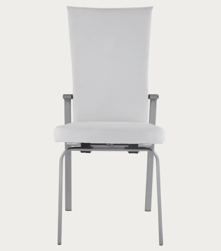 White Molly side chair with gray metal frame on a white background