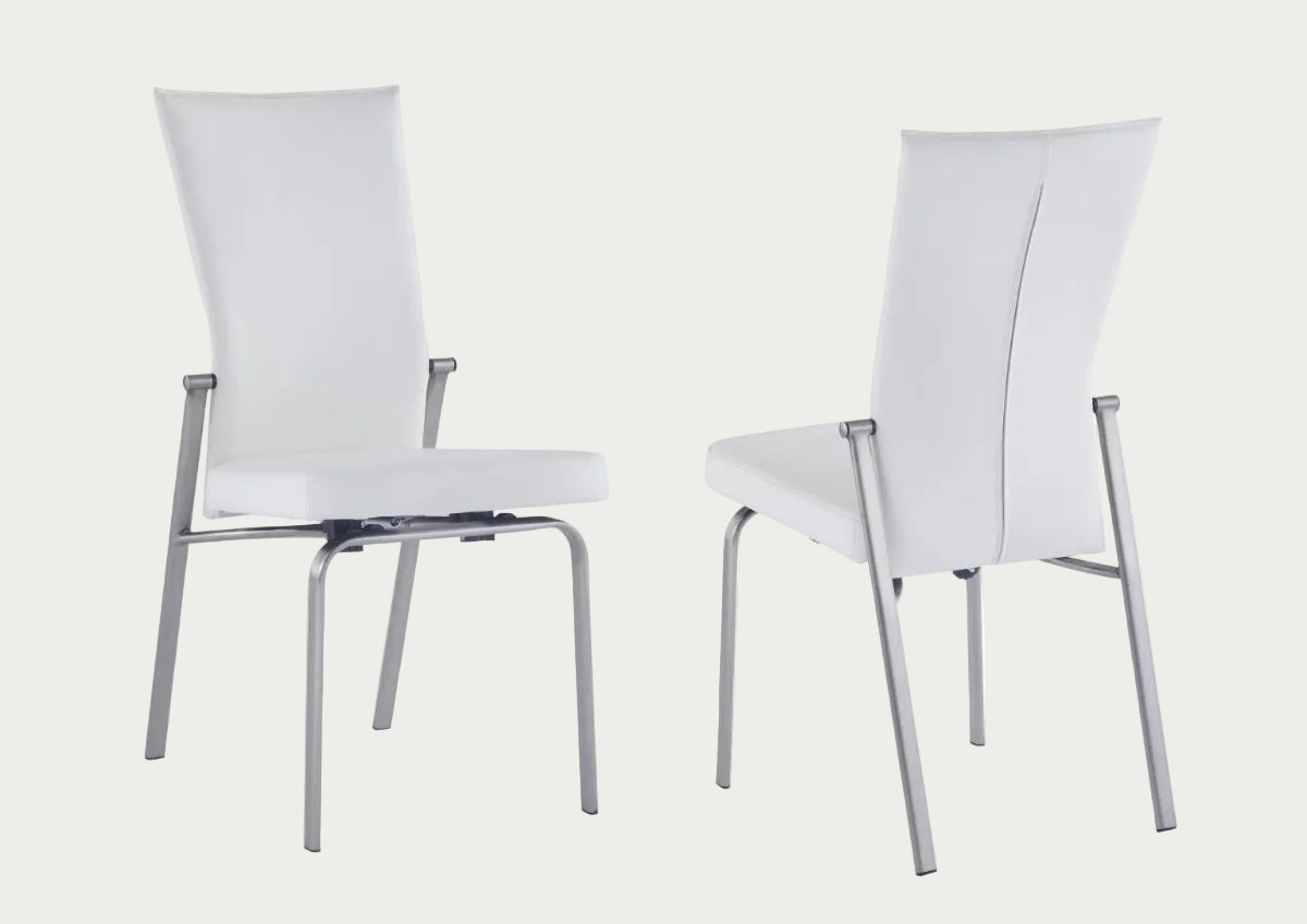 Two Molly white side chairs with metal frames on a white background