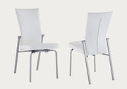 Two Molly white side chairs with metal frames on a white background