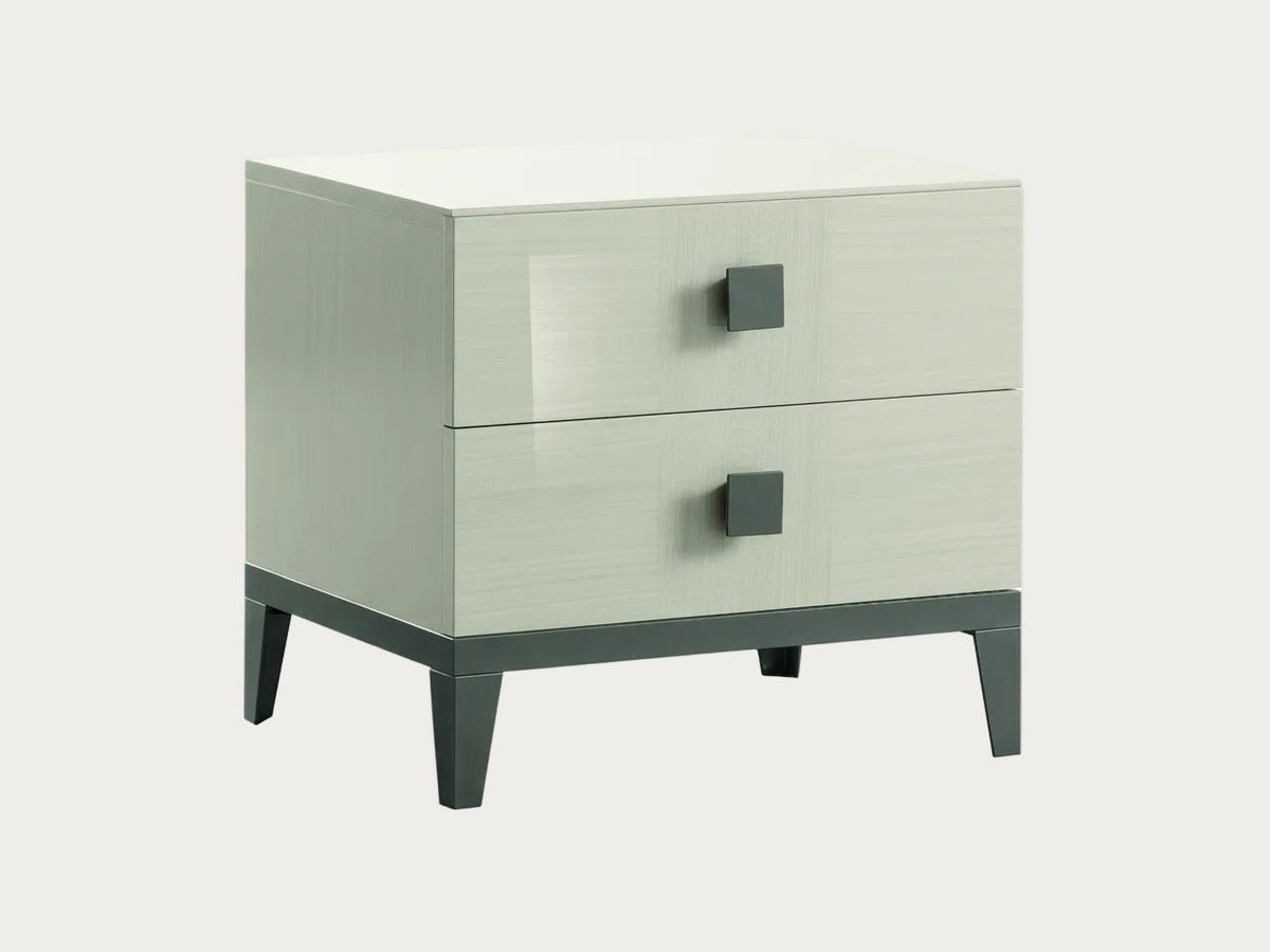 Mont Blanc two-drawer nightstand with a light gray finish on a white background