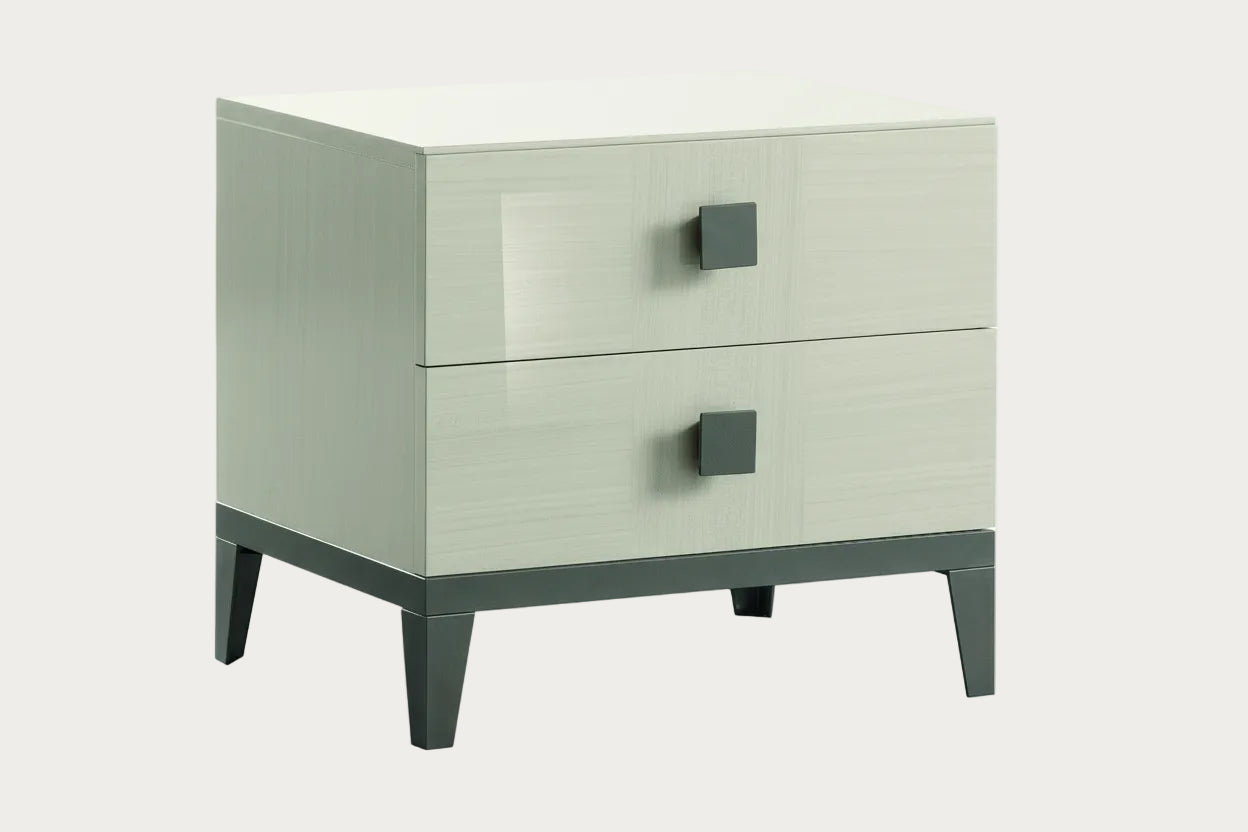 Mont Blanc two-drawer nightstand with a light gray finish on a white background
