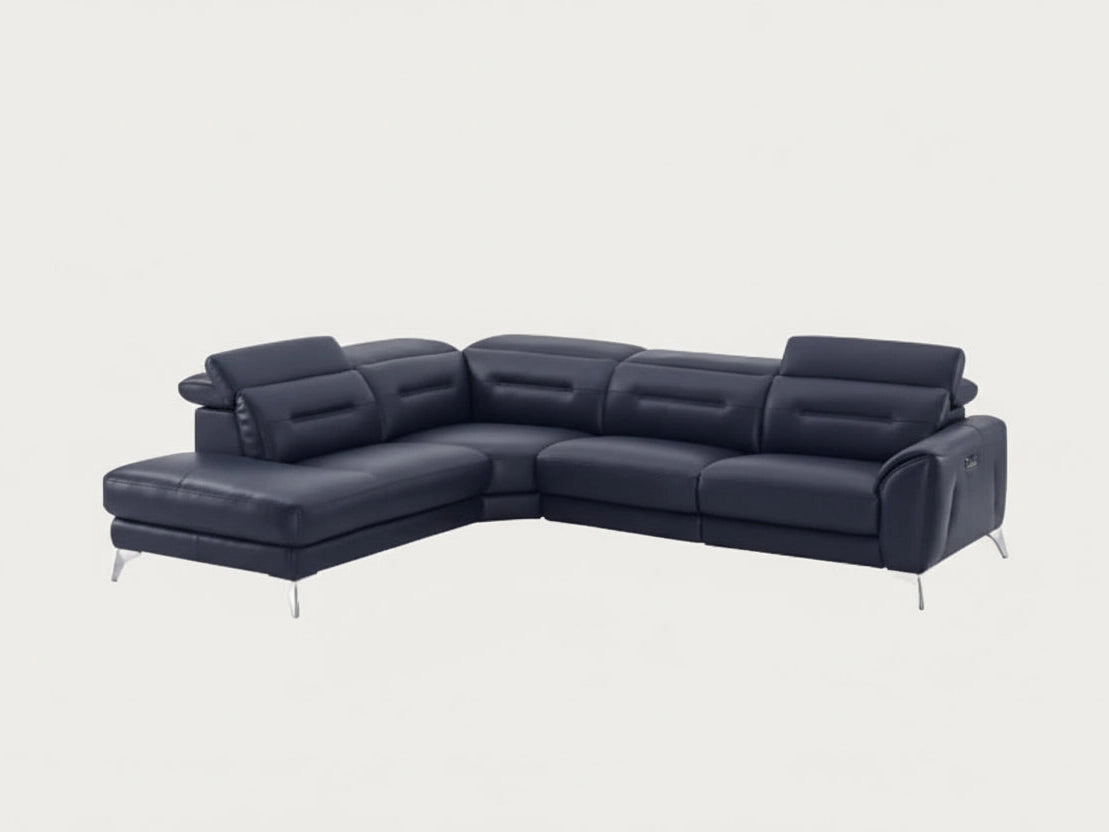 Neo sectional sofa in navy leather with a left-facing chaise.