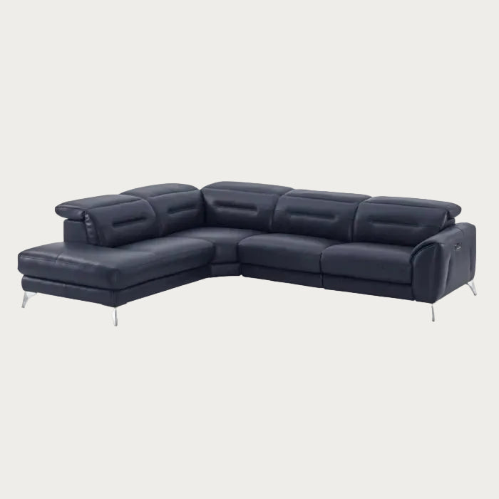 Neo sectional sofa in navy leather, left facing chaise