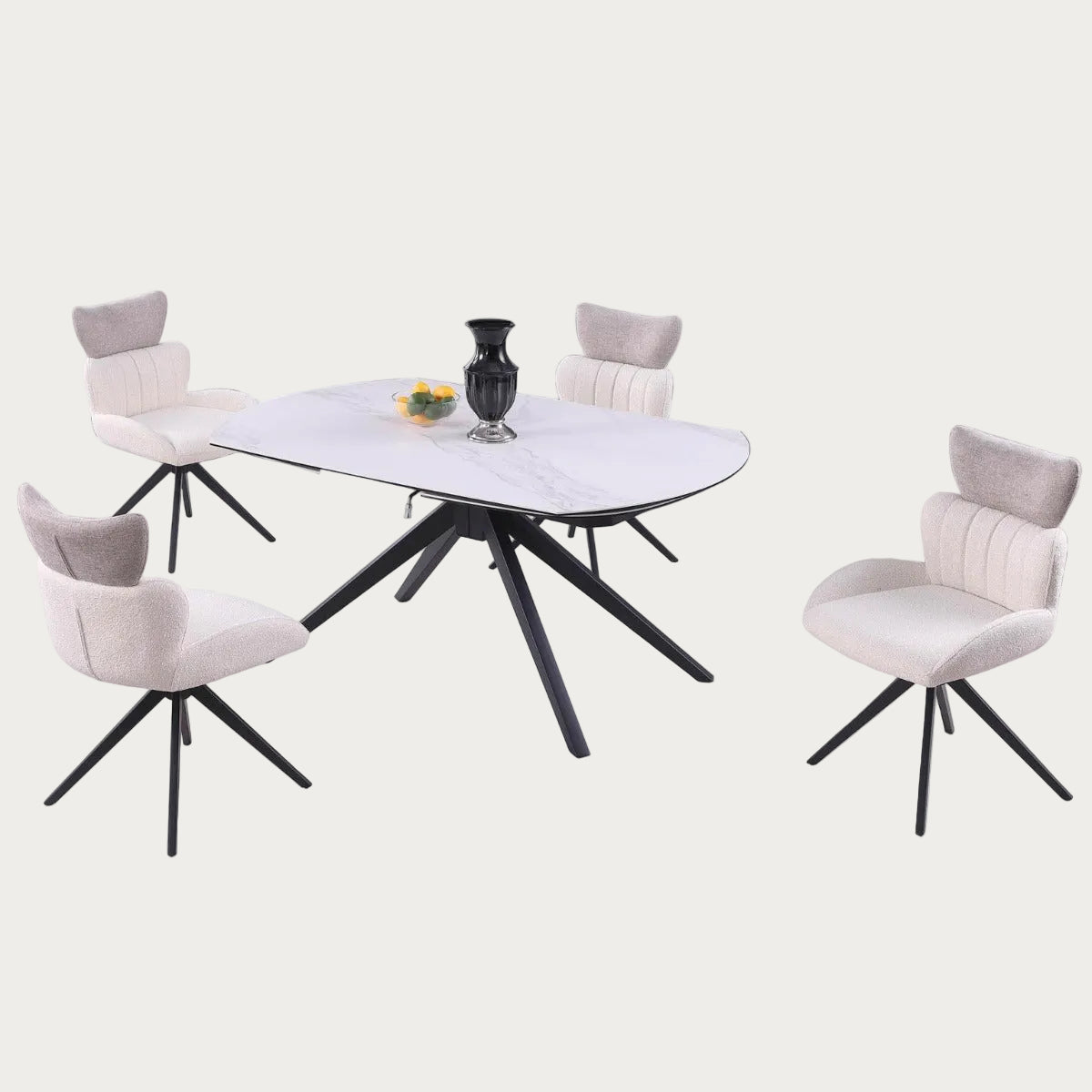 The Niclle dining room set with four chairs on a white background