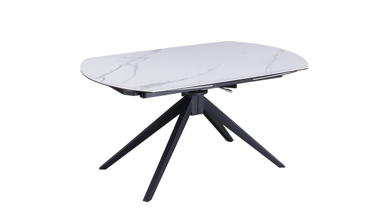 Dining table with marble-like top and black metal legs on a white background
