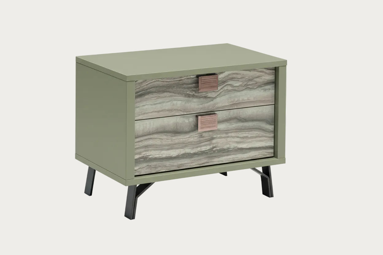 Jupiter two-drawer nightstand with a light gray finish and wood-textured drawer fronts on a white background.