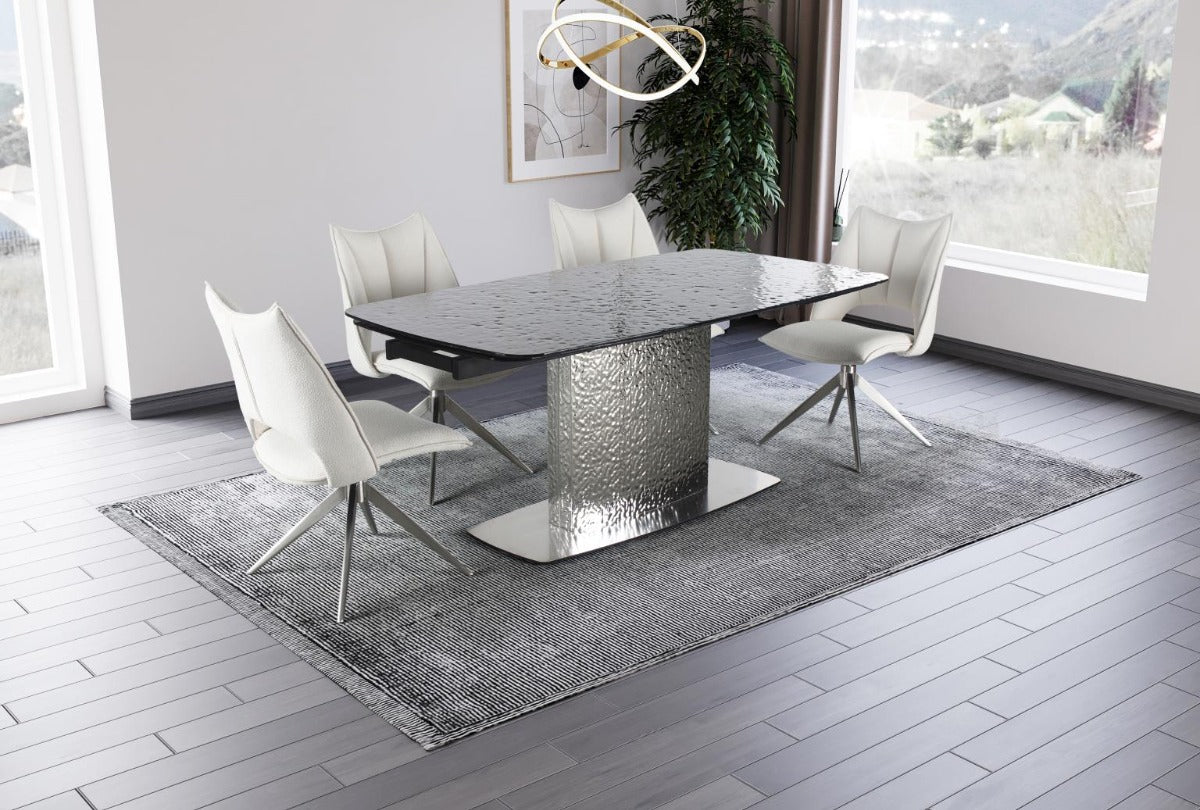Nora Contemporary Extendable Textured Glass Top Table & Textured Steel Base