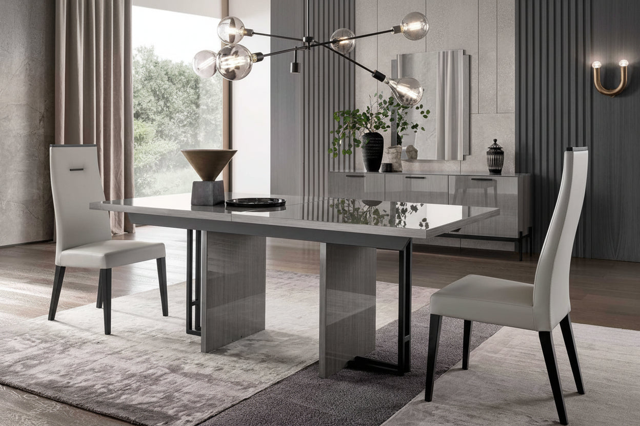 Novecento modern dining room set with a gray table and chairs in a stylish interior.