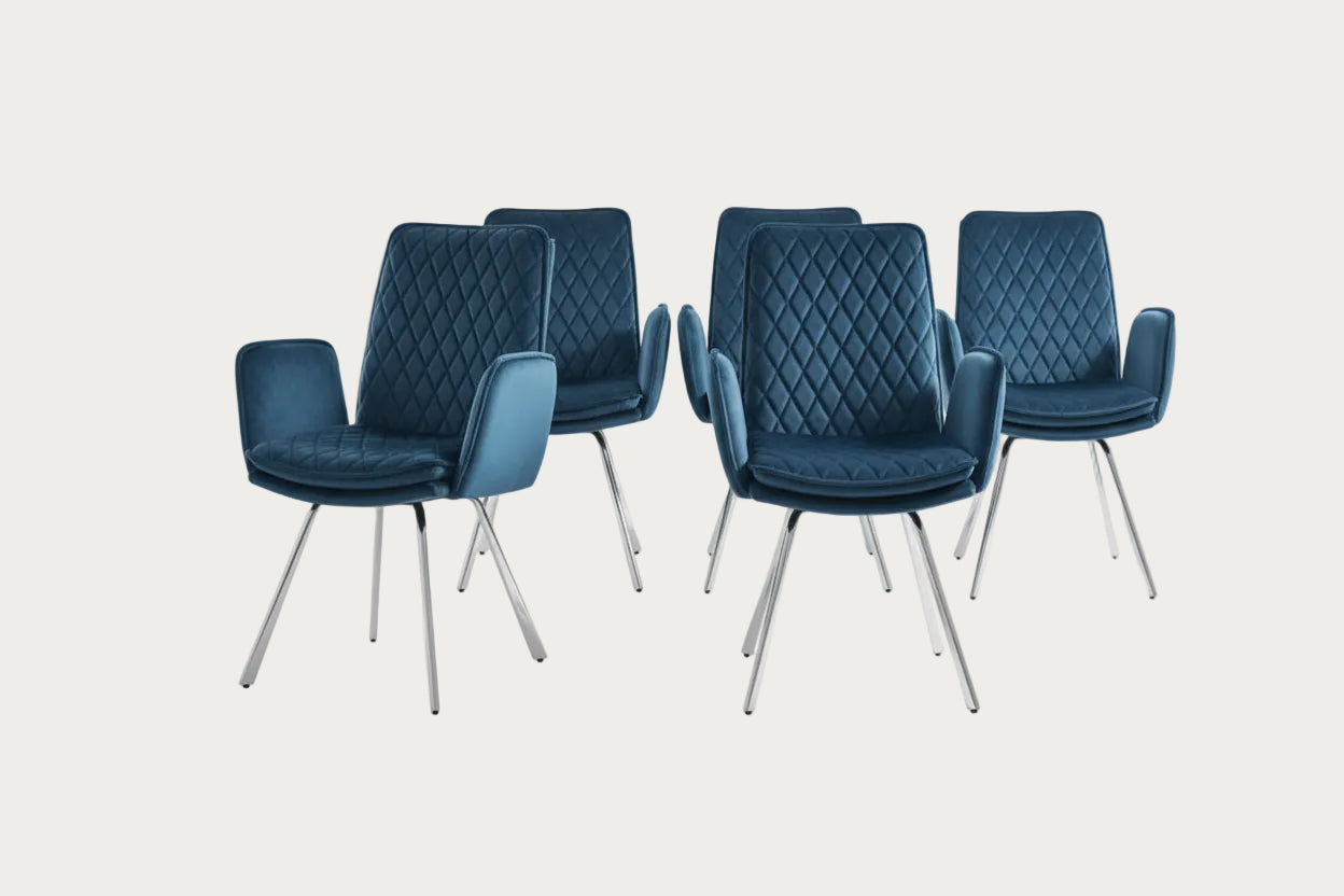 Novel Armchair upholstered in Blue Velvet Fabric with Chrome Legs 