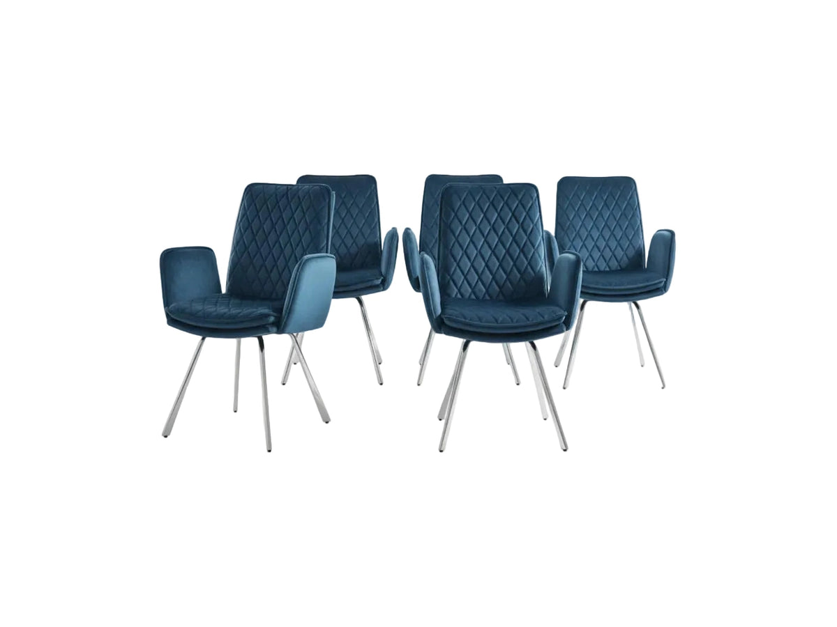 Novel Armchair upholstered in Blue Velvet Fabric with Chrome Legs 