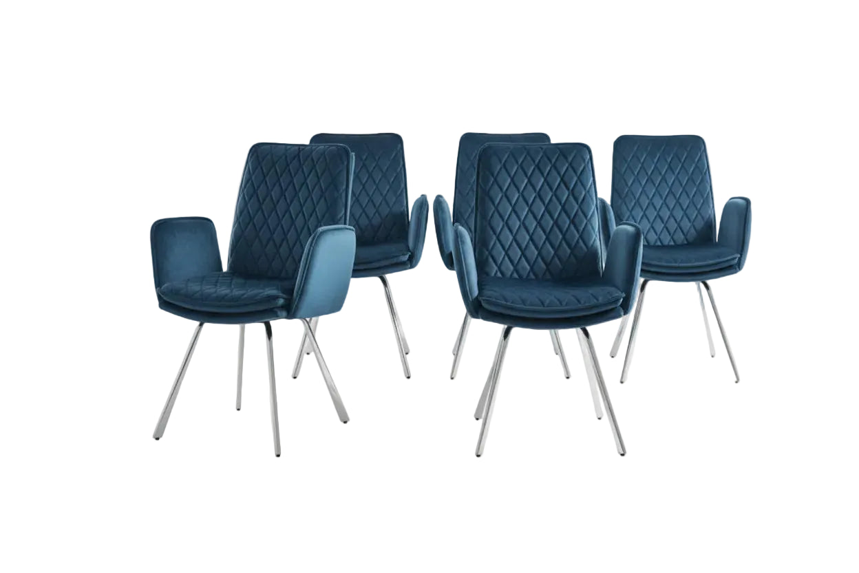 Novel Armchair upholstered in Blue Velvet Fabric with Chrome Legs 