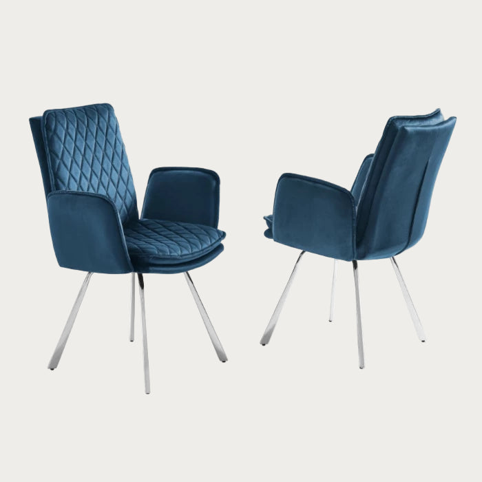 Novel Armchair upholstered in Blue Velvet Fabric with Chrome Legs 