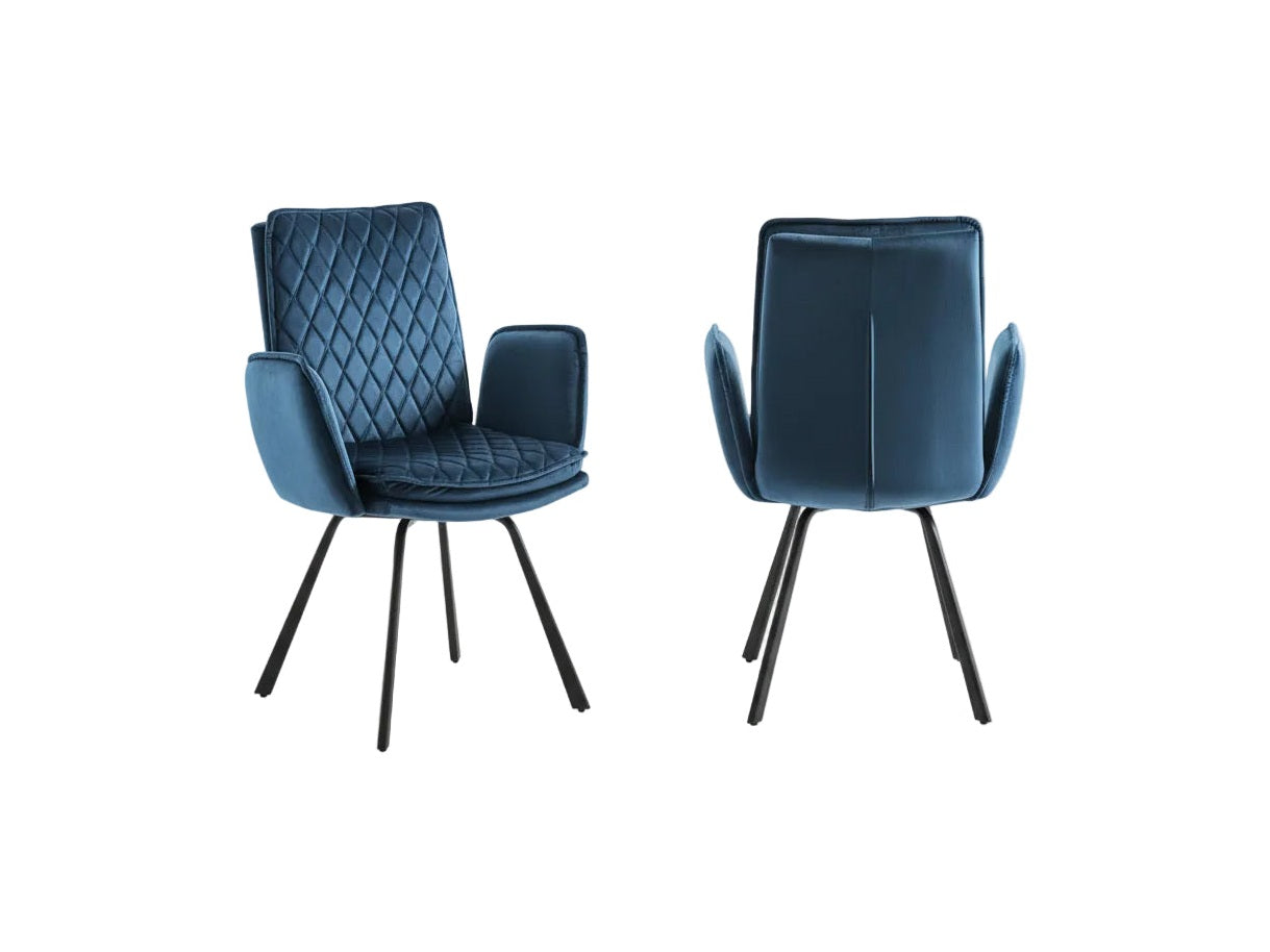 Novel armchair upholstered in blue velvet fabric and black legs
