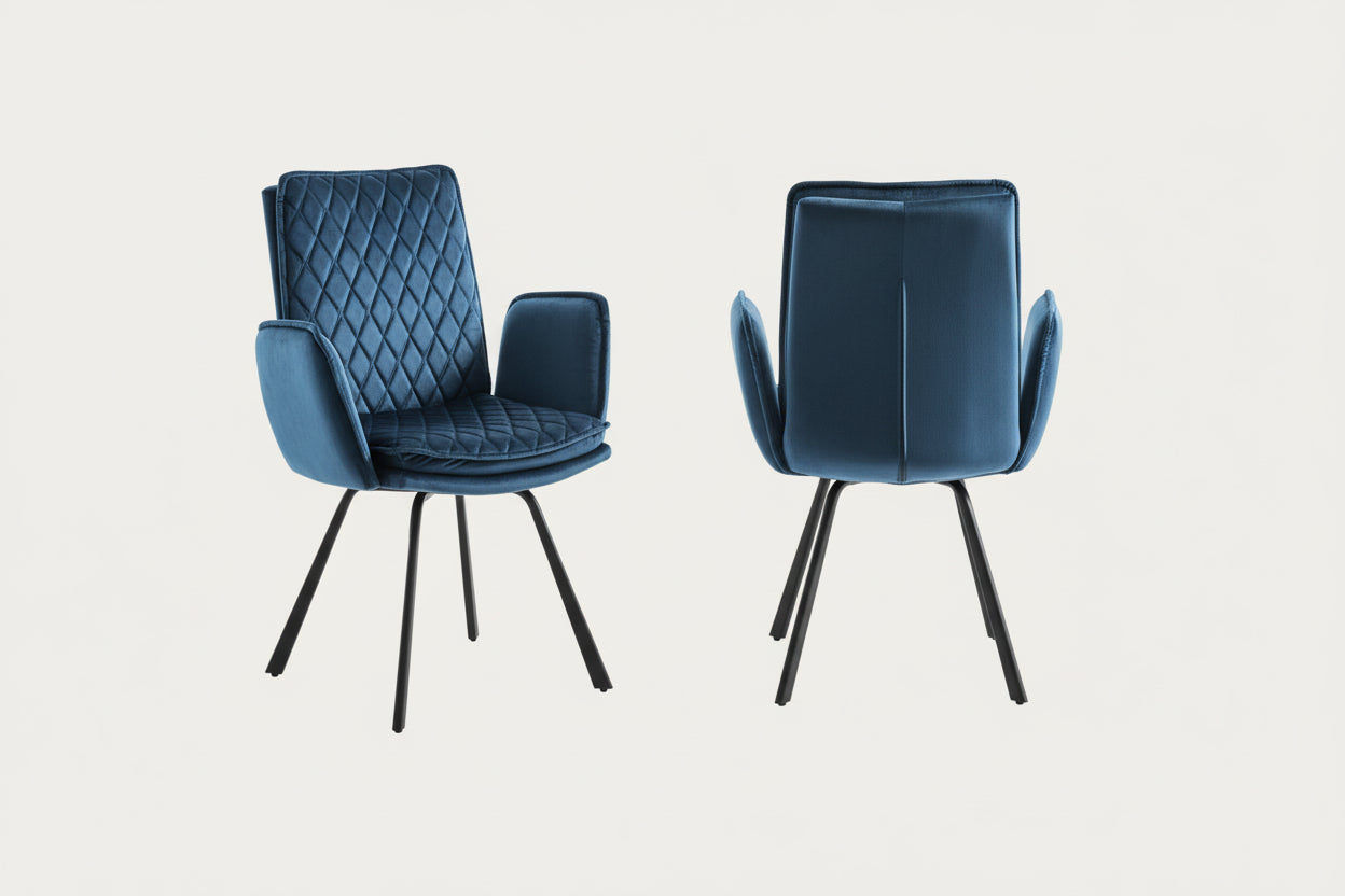 Novel armchair upholstered in blue velvet fabric and black legs