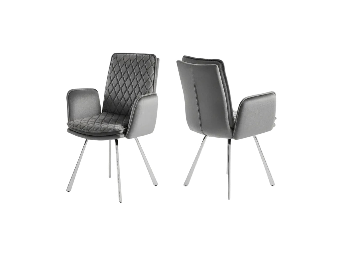 Novel armchair upholstered in Grey Velvet Fabric with Chrome Legs