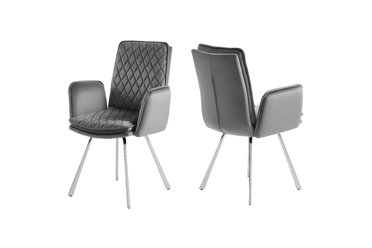 Novel armchair upholstered in Grey Velvet Fabric with Chrome Legs