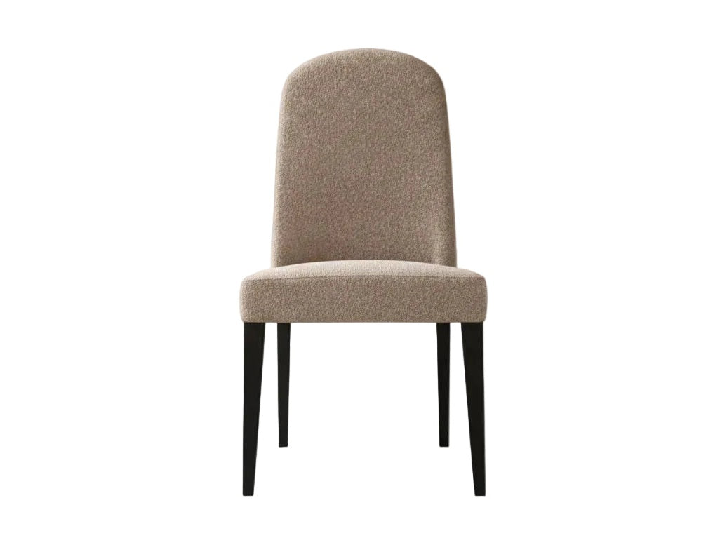 Beige upholstered chair with black legs on a light gray background