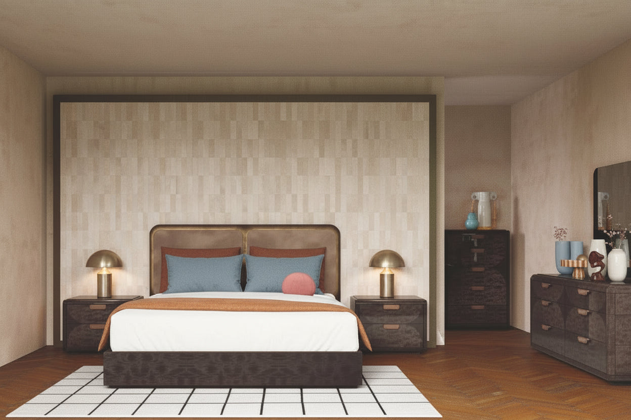 The NYX modern bedroom set has a bed, nightstands, lamps, a chest, a dresser, a mirror, and other decor items.