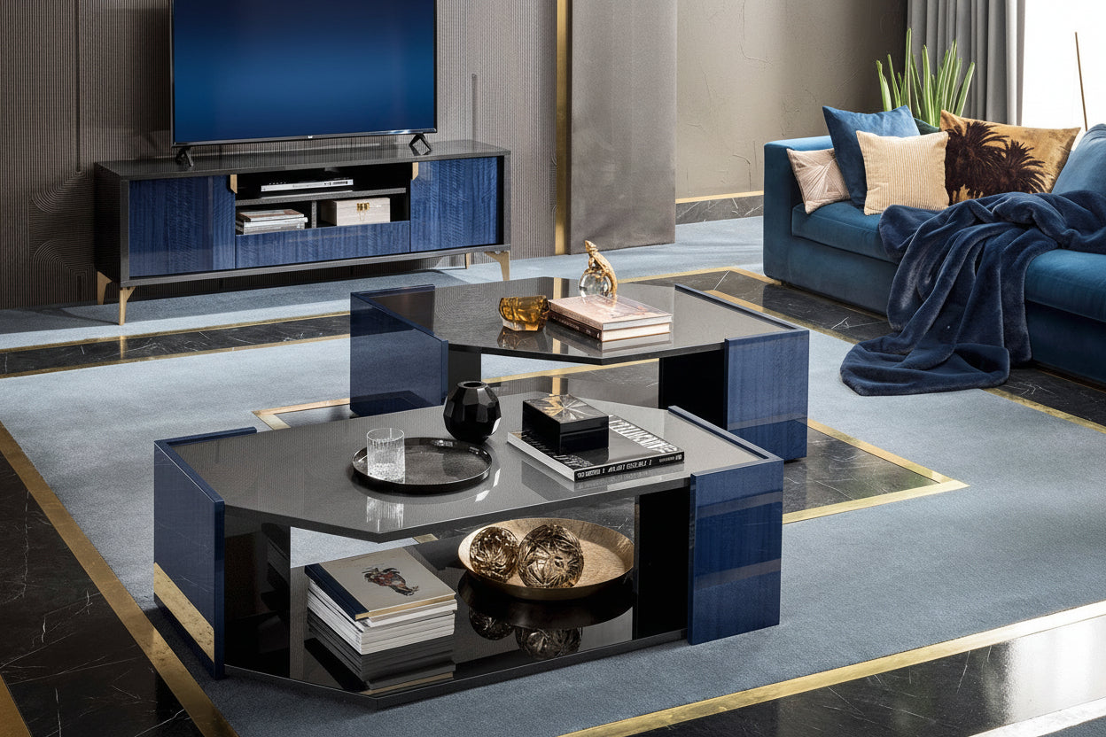 Modern living room with a stylish coffee table and blue sofa.