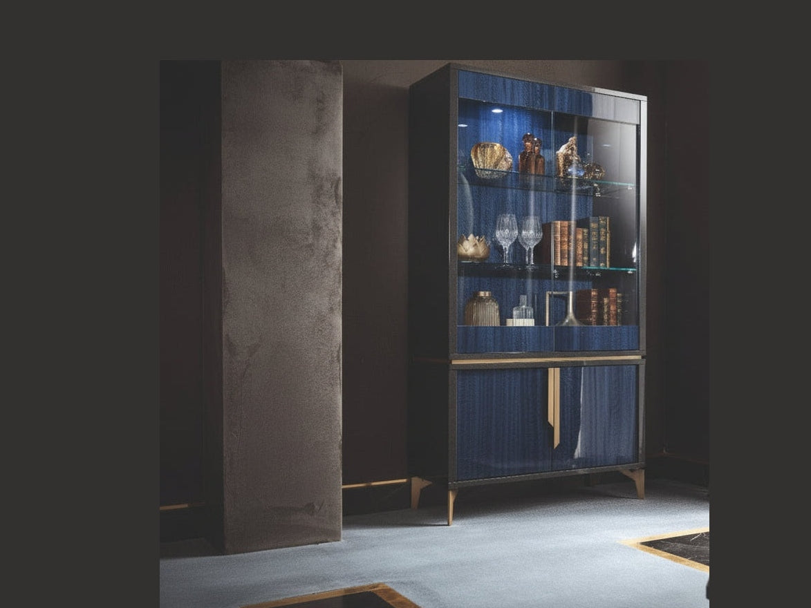 Oceanum 2-door curio cabinet with brass accents in a modern living room setting.