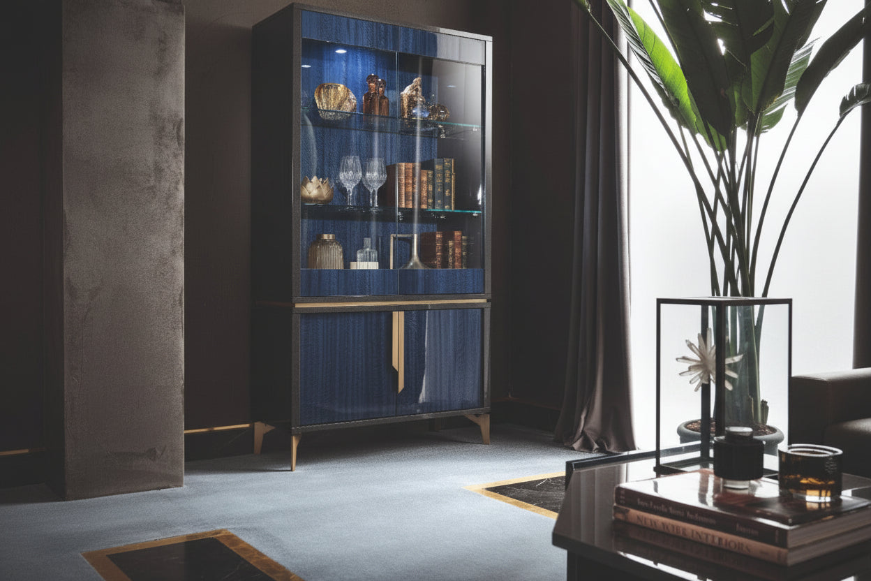 Oceanum 2-door curio cabinet with brass accents in a modern living room setting.