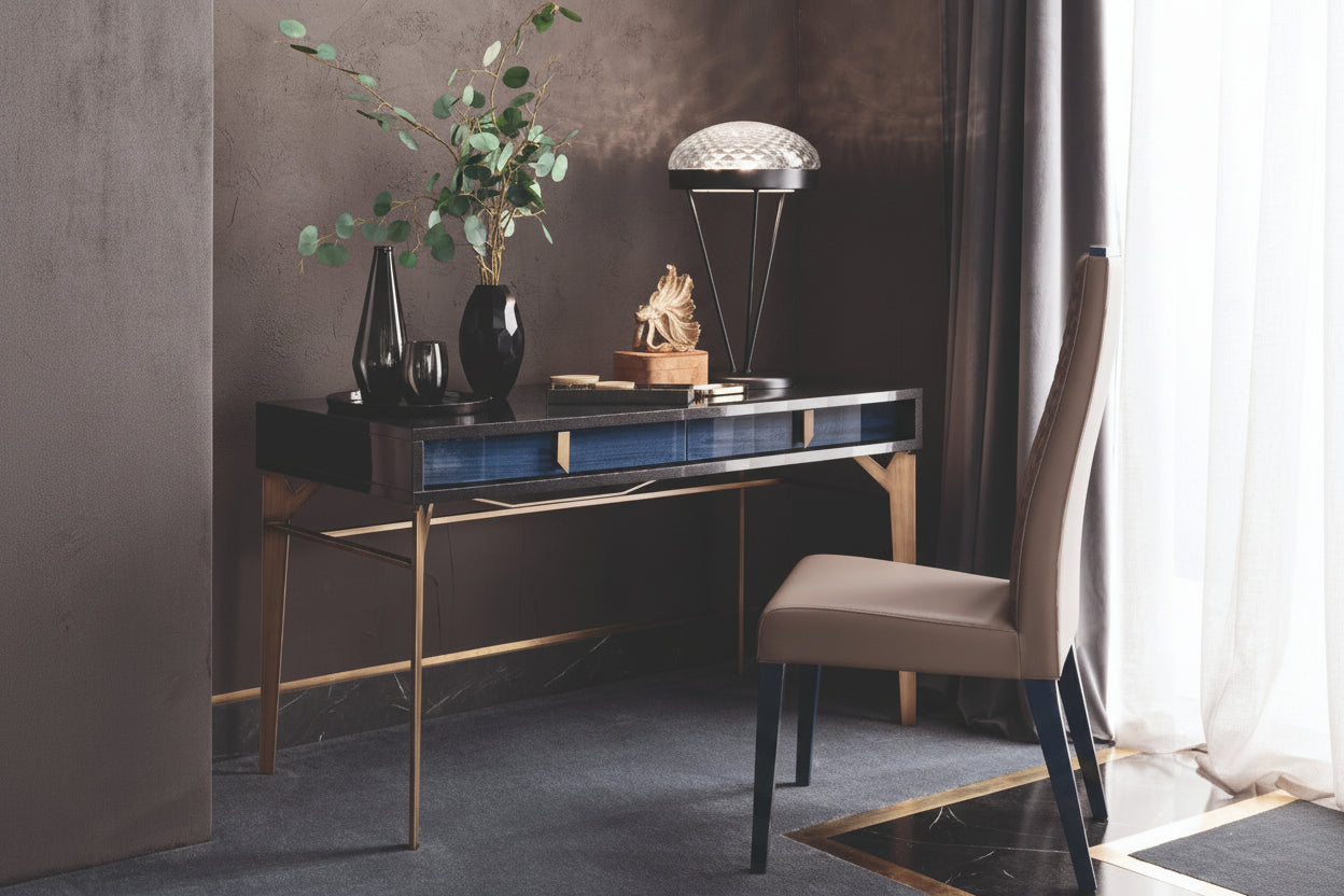 Oceanum modern interior with a vanity, chair, and decorative items in a room with a window.