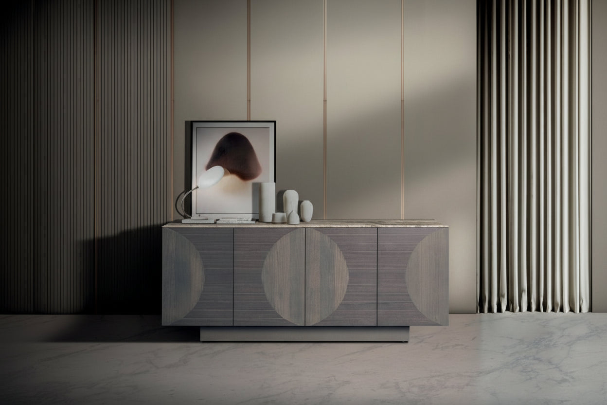 Opera modern sideboard with decorative items against a neutral wall.
