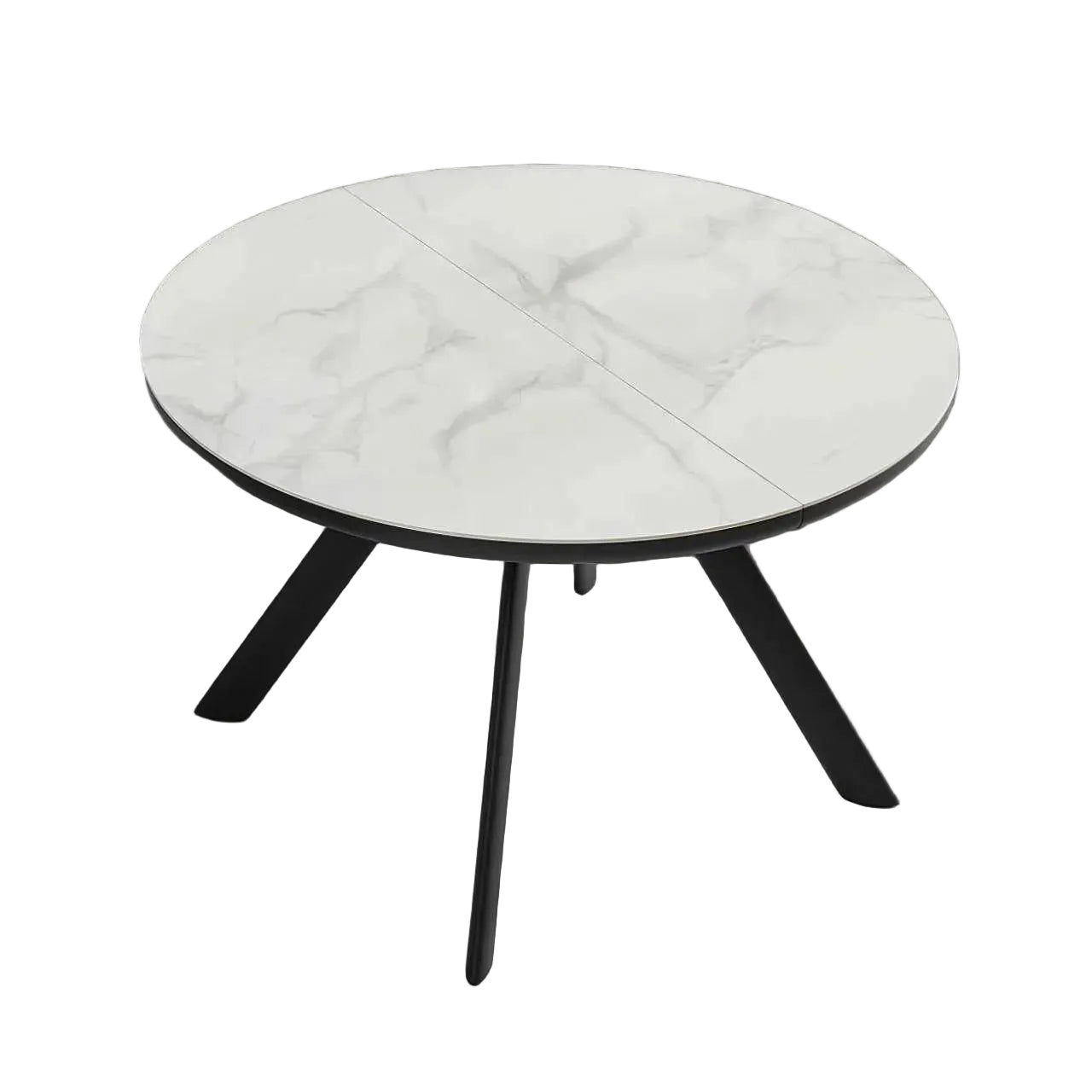 Orbit round table with white marble-like top and black legs on a gradient background