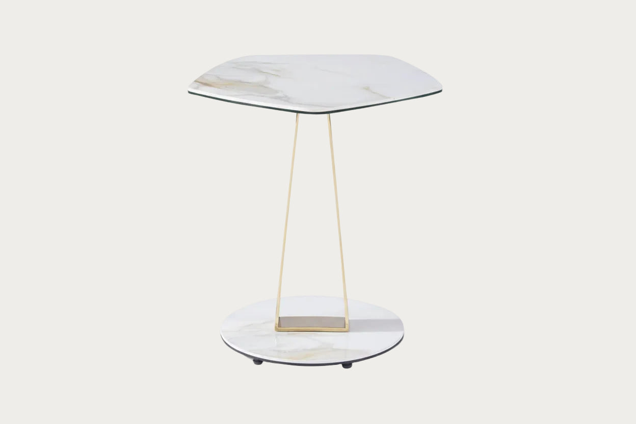 Orleans modern end table with marble-like finish on a white background