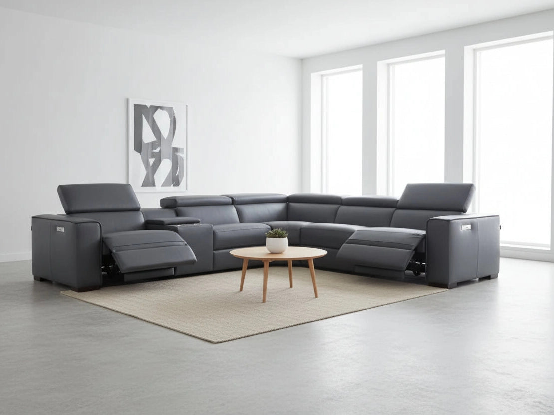 Picasso blue-gray sectional sofa in a minimalistic room scene.