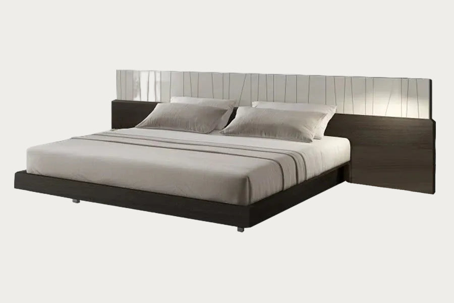 Porto modern king bed with wooden headboard in wenge finish.