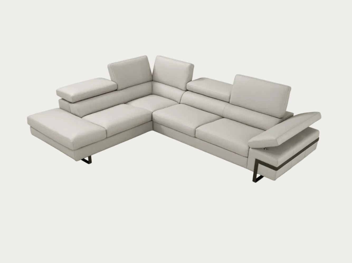Rimini light grey leather sectional sofa, left facing chaise