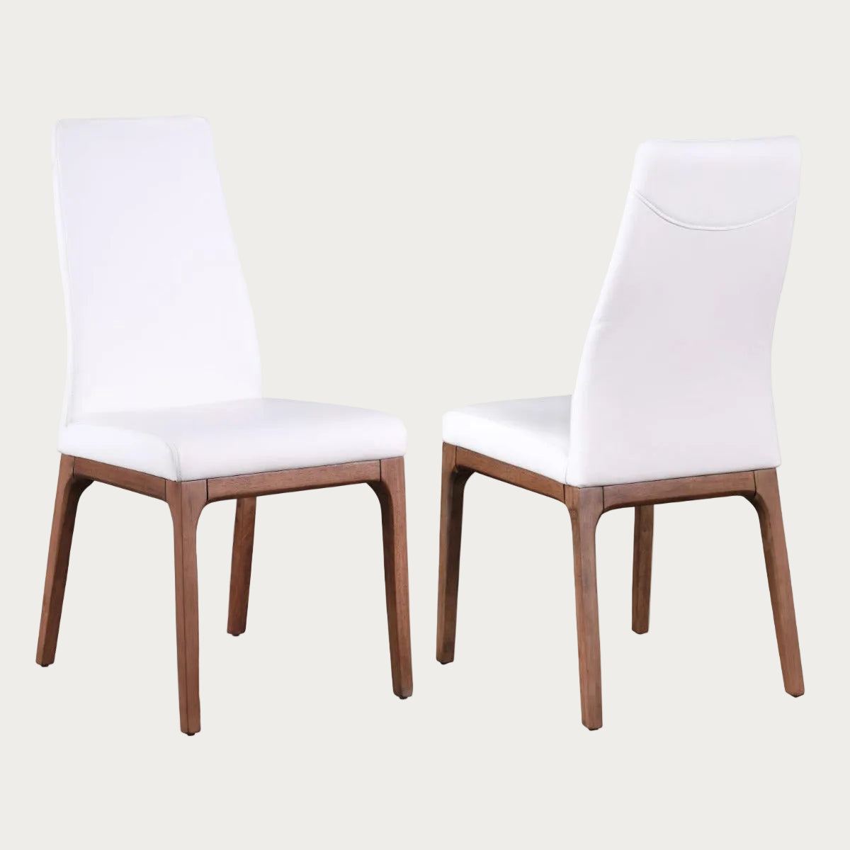 Two Rosario white chairs with wooden legs on a white background