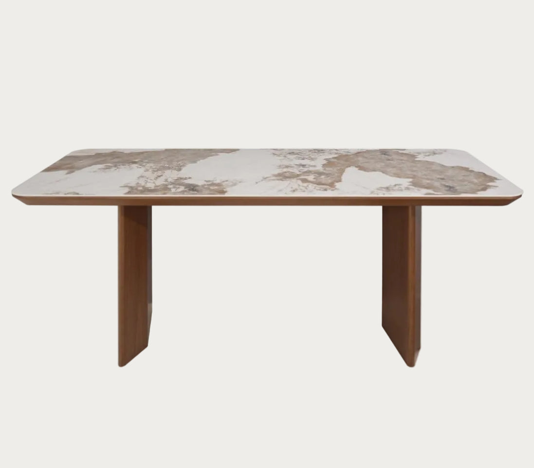 Ruby dining table with marble-like top and wooden legs