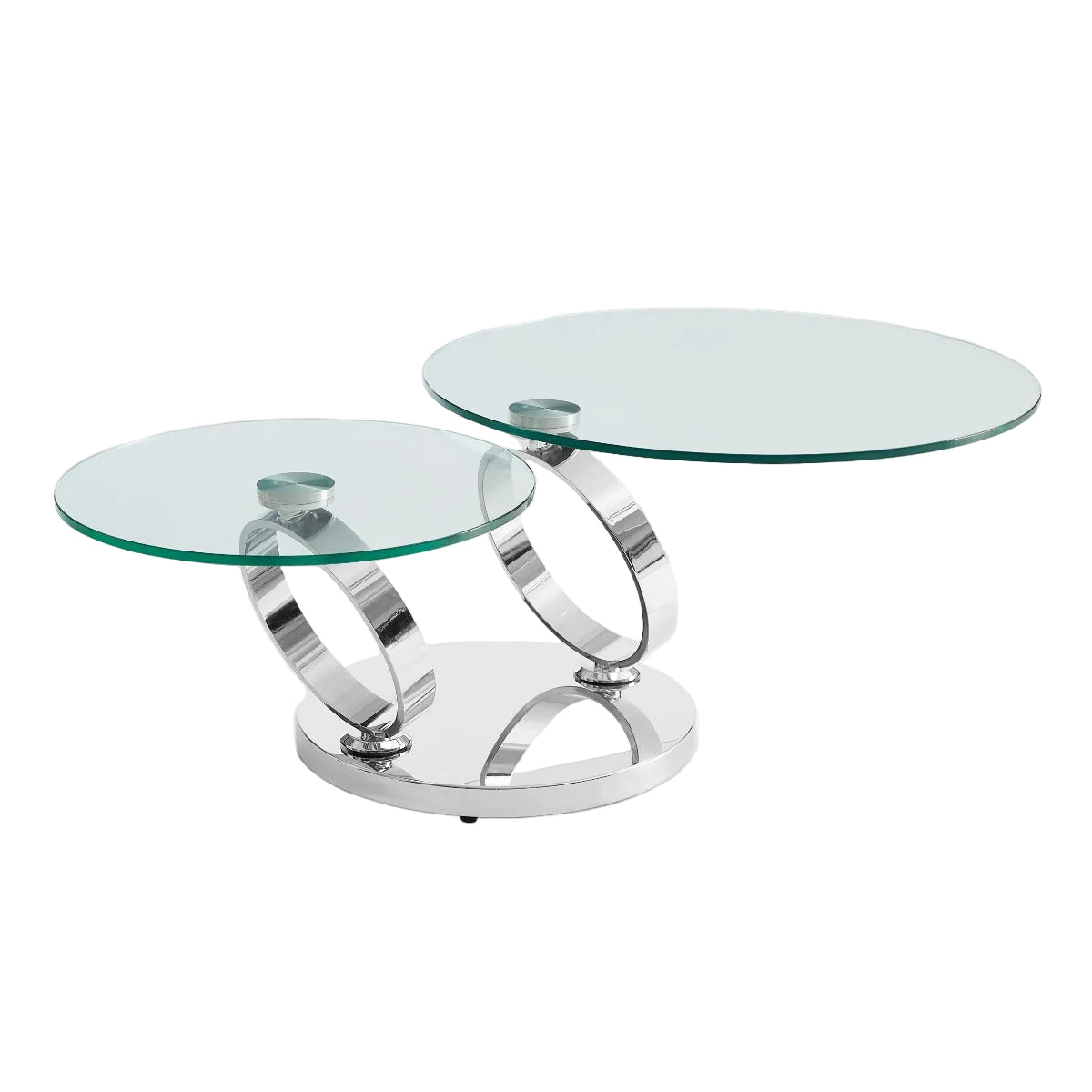 Set of two glass coffee tables with chrome metal bases on a white background