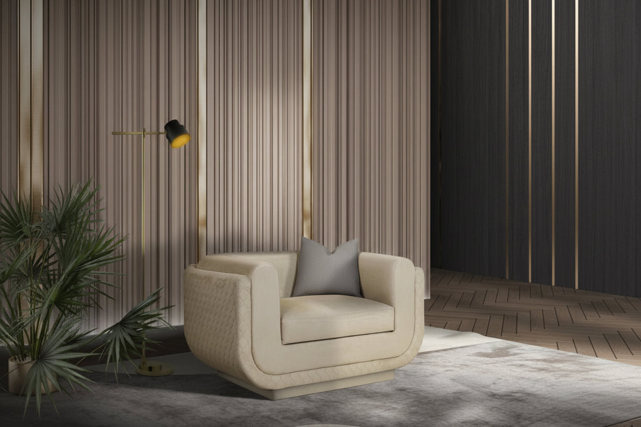 Sophie beige armchair in a modern interior setting with striped walls and a floor lamp.