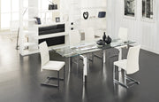 Stark dining room set with white chairs in a minimalistic room.