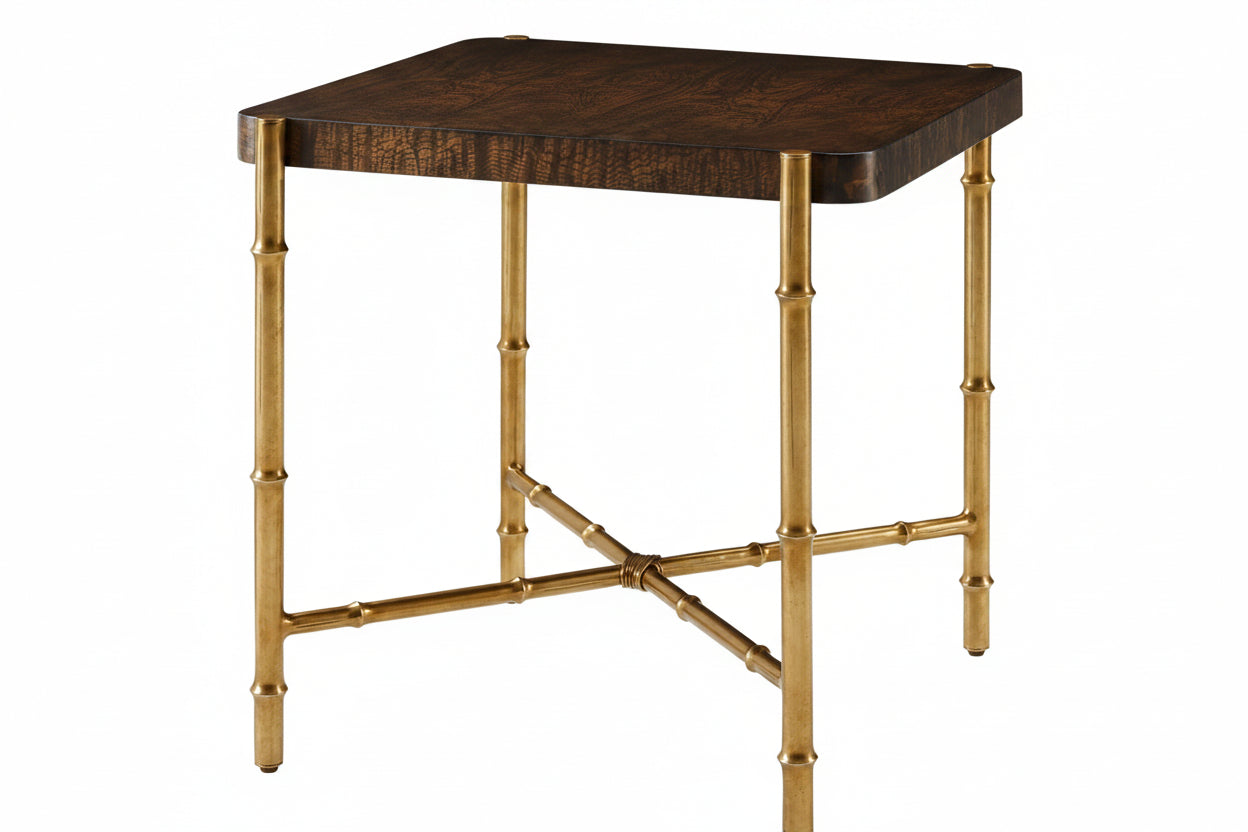 Kesden side table with wooden top and brass metal legs on a white background.