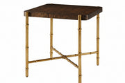 Kesden side table with wooden top and brass metal legs on a white background.
