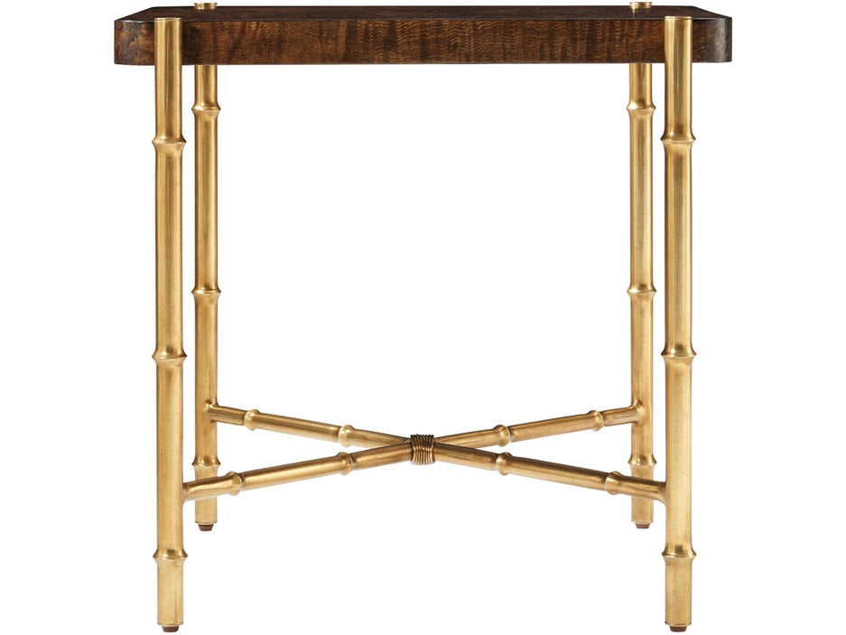 Small table with a wooden top and gold metal frame on a white background