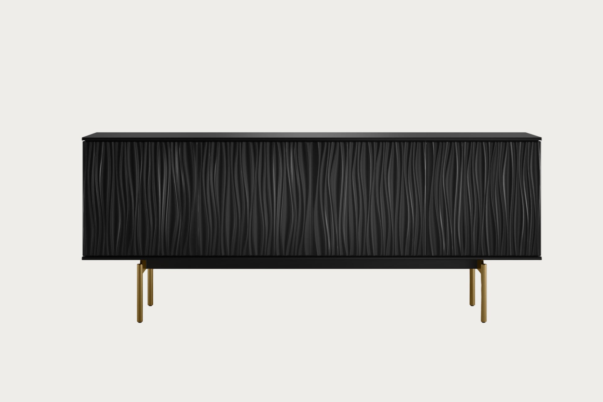 Black textured sideboard with gold legs on a white background