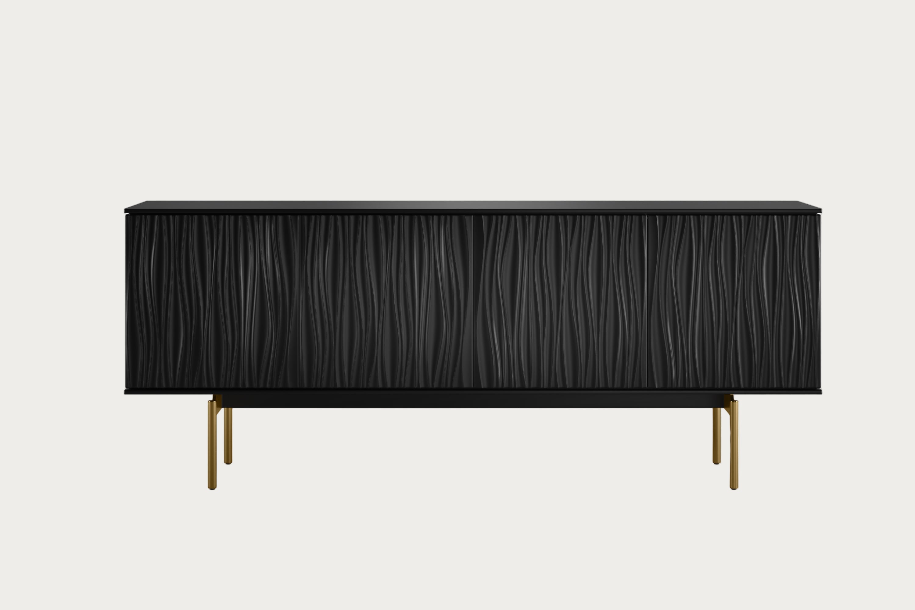 Black textured sideboard with gold legs on a white background