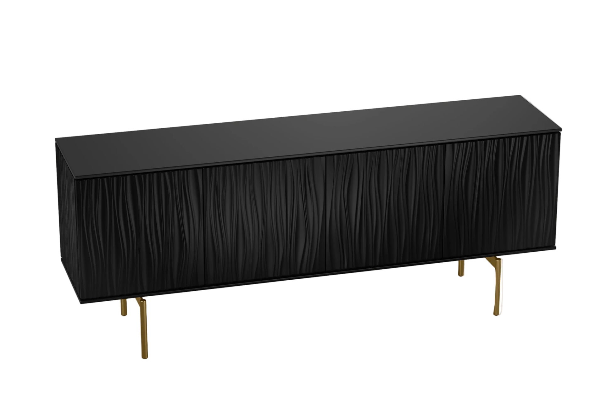 Black sideboard with gold legs on a white background