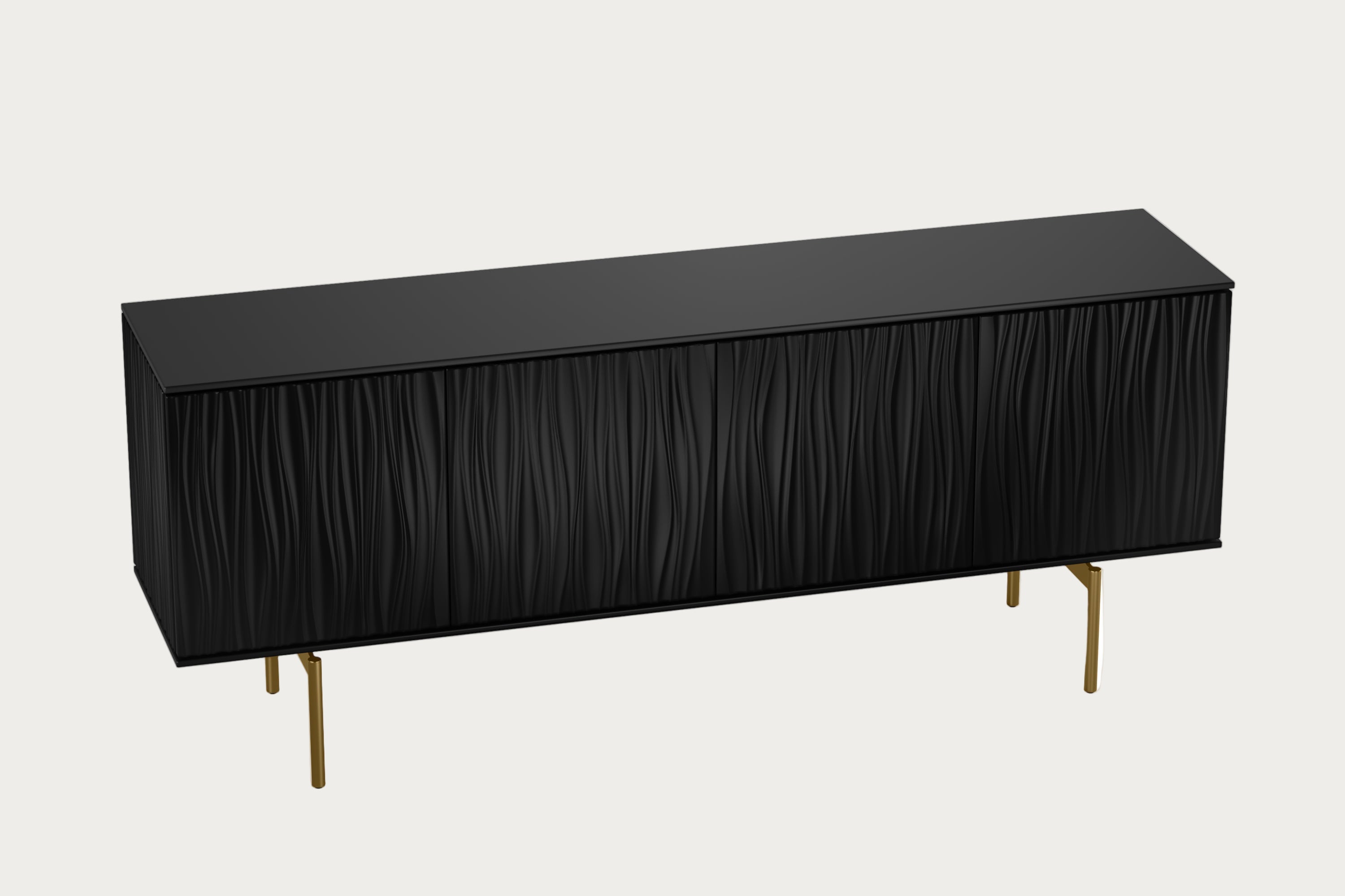 Black sideboard with gold legs on a white background