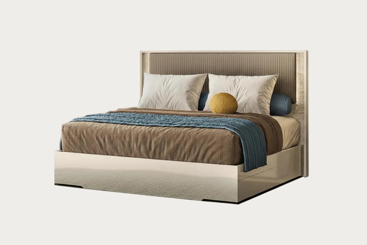 Tullia modern bed with brown bedding and decorative pillows on a white background