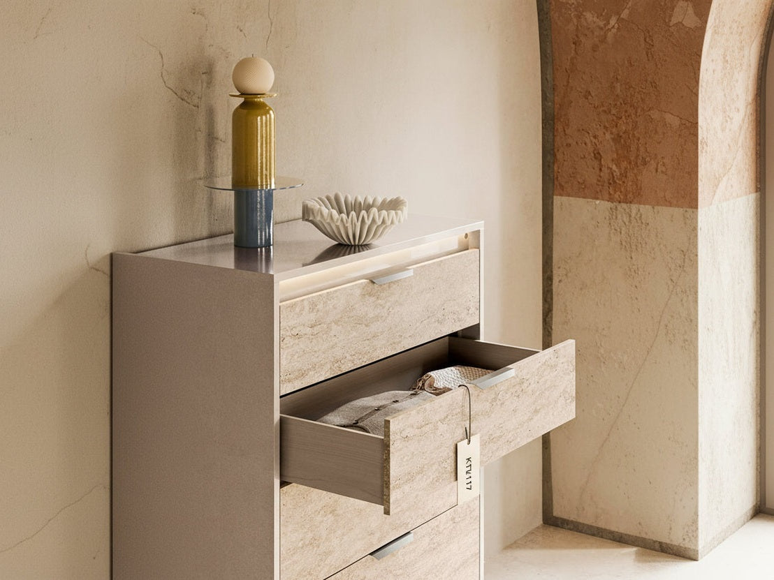 Tullis modern chest with an open drawer, decorative items on top, and a neutral color scheme.