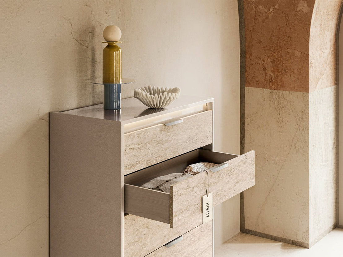 Tullis modern chest with an open drawer, decorative items on top, and a neutral color scheme.